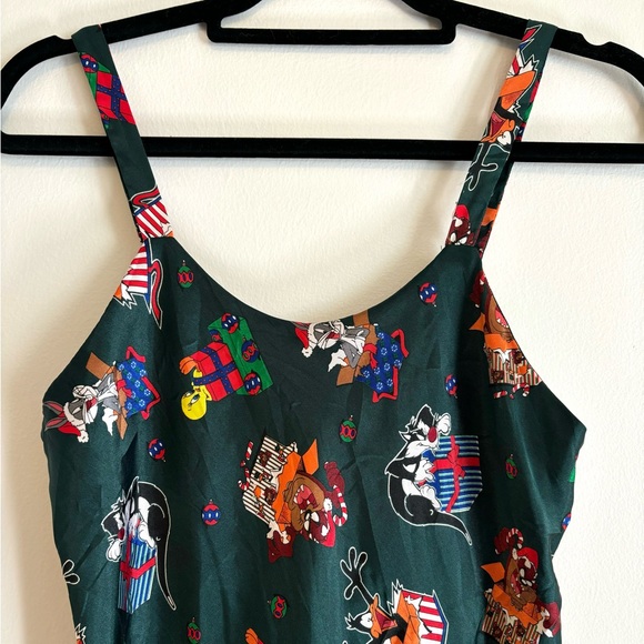 Vintage 90s Looney Tunes Christmas Green Satin Slip Nightgown Sylvester Bugs Taz - Picture 2 of 4